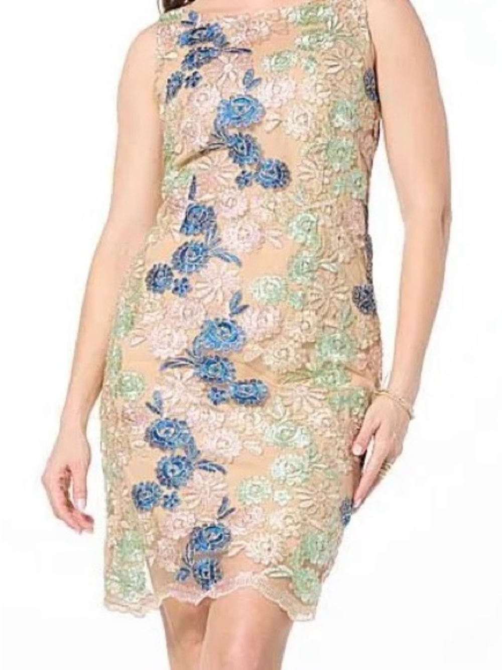 Nina Leonard Nude Lace Mini Dress with Blue & Mint Floral Embroidery